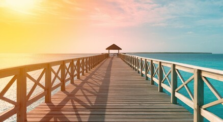 Fototapeta premium Sunlit wooden pier leads to open ocean gazebo under colorful sky