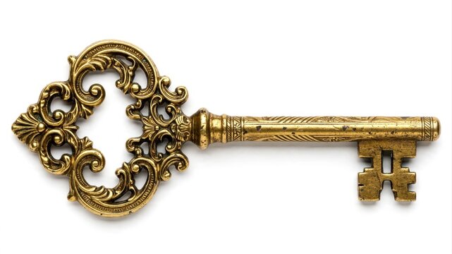 Ornate antique golden skeleton key isolated.