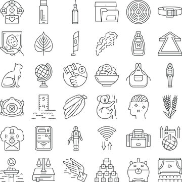 Set of diverse thin line icons and pictograms in black and white, modern vector outlines for web, apps, and graphic projects covering objects, concepts, tech, business, and lifestyle