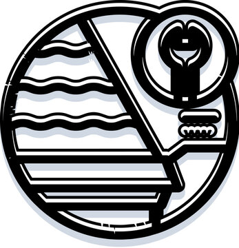 Abstract dental health icon combining wavy elements, straight lines, and a stylized symbol resembling a tooth with a wrench, all within a circular outline