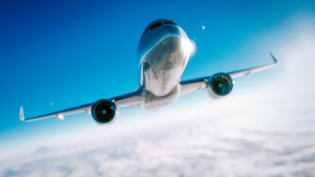 A commercial jet flies high in the sky above the clouds at sunset