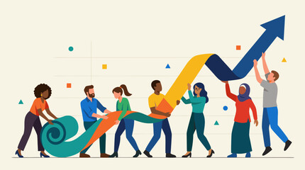 Obraz premium Diverse Business Team Unfurling Growth Banner Forming Ascending Arrow Graph, Collaborative Achievement, Financial Progress, Corporate Success, Teamwork Unity, Market Growth, Vector Illustration