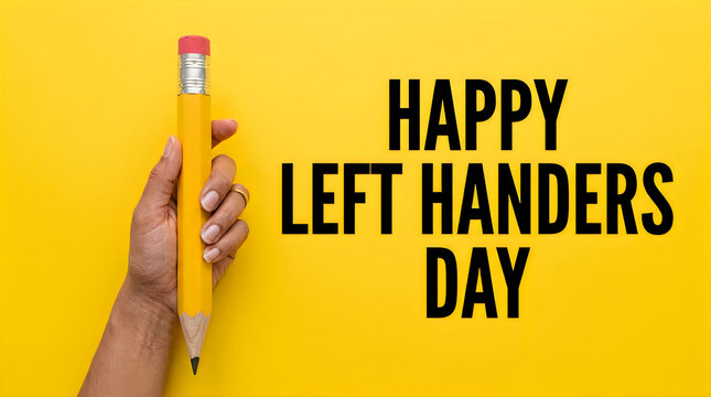 Hand holding giant pencil celebrating left handers day on yellow background