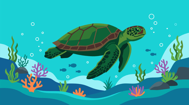 Vibrant Vector Illustration of a Majestic Sea Turtle Gliding Through Crystal Clear Turquoise Ocean Waters with Colorful Coral Reefs, Tropical Fish, and Marine Plants in Flat Design Style