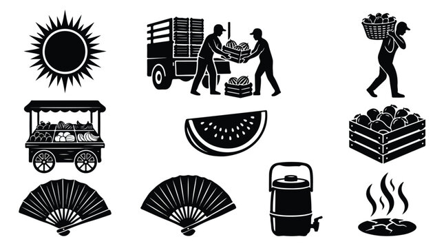 Black silhouette summer harvest icons, agricultural farm workers loading fruit crates, traditional market stall and seasonal food vector set