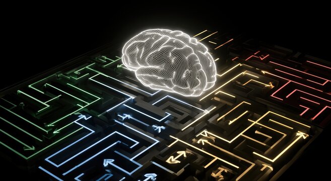 Glowing brain atop a complex, illuminated maze with directional paths