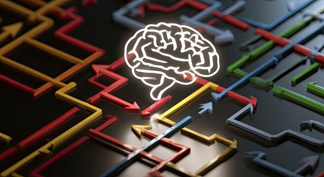 Glowing brain illuminates a complex maze of colorful arrows on dark background