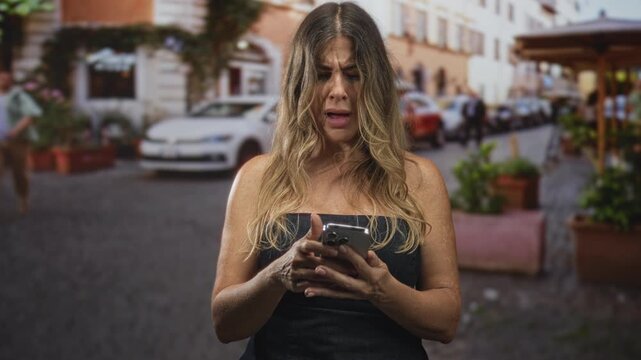 Woman holding smartphone, typing with both hands and reading messages on a cobblestone street lined with cafe planters and parked cars; frustration isolation.