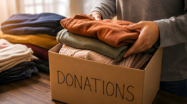 Person folding clothes into donation box for charity on wooden table close-up.