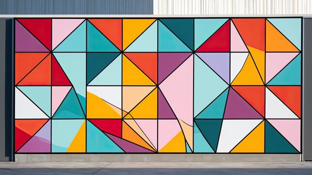 Vibrant geometric mural featuring colorful triangles and squares