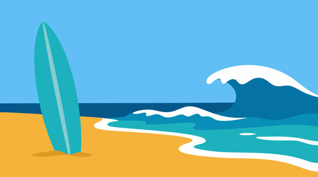 Vibrant Turquoise Surfboard on Golden Beach with Rolling Ocean Waves, Summer Surfing Vector Illustration, Tropical Coastal Scene with Blue Sky and Sea Foam, Travel and Beach Lifestyle Design