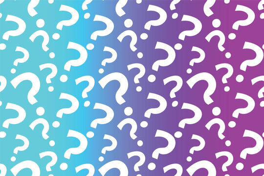 Gender reveal party background, question marks pattern on pink and blue gradient, vector illustration.