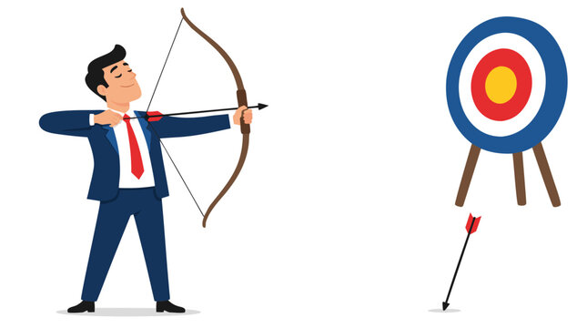 Overconfident Businessman Missing Target, Bow and Arrow Far Below Goal, Failed Corporate Achievement, Flat Vector Illustration of Professional Aiming High but Missing Mark, Error Metaphor