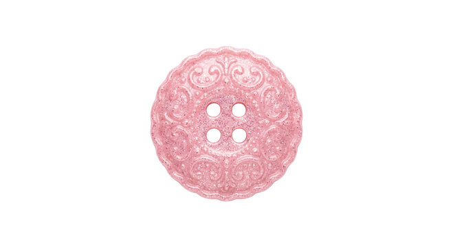 Decorative pink glitter button with ornate swirling patterns and four holes