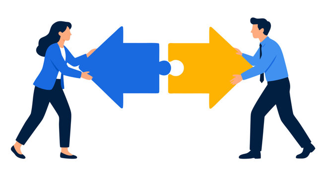 Professional Business Coworkers Connecting Arrow-Shaped Jigsaw Puzzle Pieces Together Representing Teamwork Collaboration Partnership Corporate Unity, Bold Flat Colors Vector Illustration