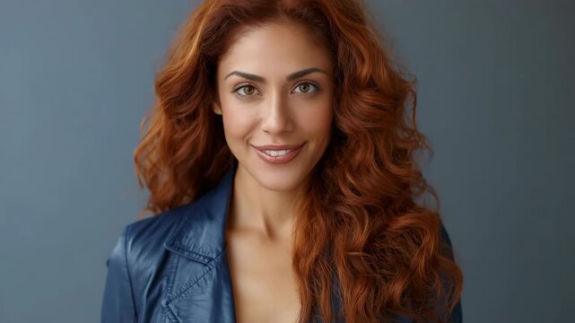 Red haired woman smiling in studio style portrait setting