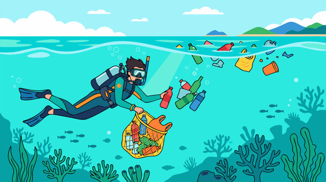 Scuba diver collecting plastic bottles and waste from turquoise ocean, underwater cleanup scene, environmental conservation, marine life protection, eco-friendly diving activity, pollution removal