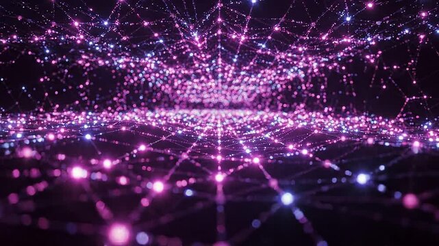 Abstract digital network with glowing pink and blue particles creating a three-dimensional web structure, showcasing depth and connectivity in a dark environment