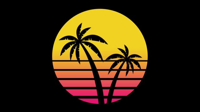Retro Palm Trees and Sunset Loop Animation with Alpha Channel (Transparent Background)