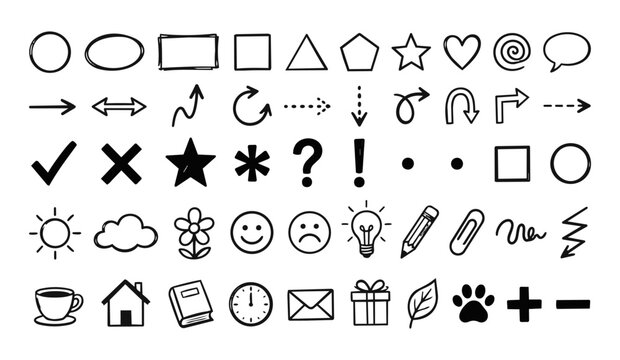 Doodle style hand drawn miscellaneous icons and decorative graphic elements with collection question exclamation envelope illustration creative