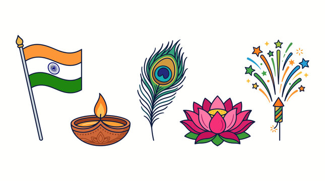 India celebrates Independence Day with tricolor flag, peacock feather, lotus flower, diya lamp, and fireworks on August 15, showcasing national pride and unity in diversity.