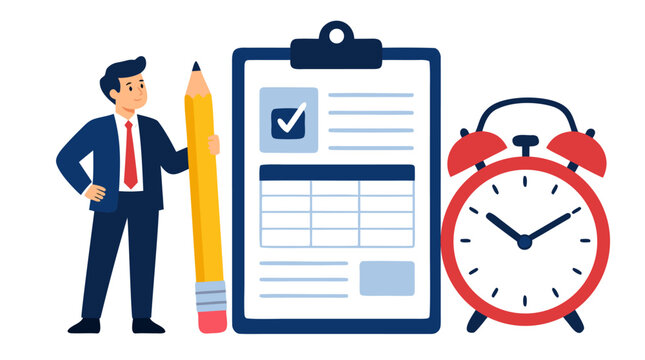 Businessman in Blue Suit Holding Giant Pencil by Tax Clipboard and Alarm Clock, Flat Vector Illustration of Tax Season, Accounting Deadline, Financial Planning, IRS Forms with Urgent Time Management