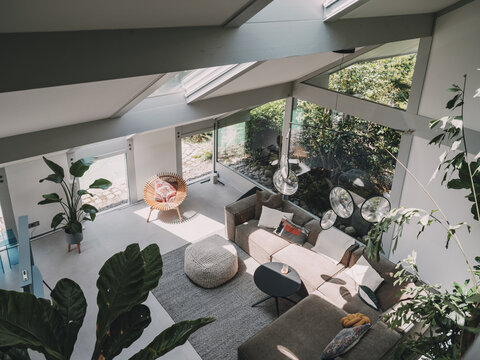 High angle view of modern living room in luxury timber frame villa