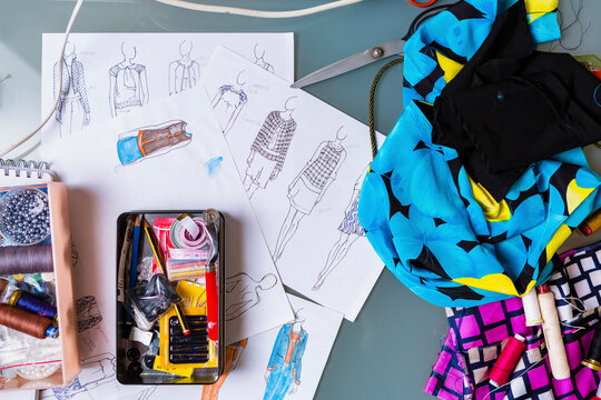 Equipment and sketches of fashion designer