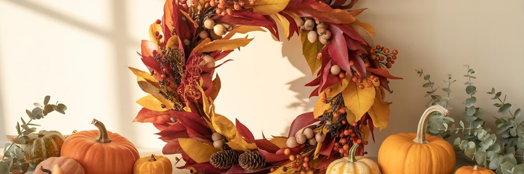 Autumn wreath with pumpkins and leaves on a wall  seasonal decoration