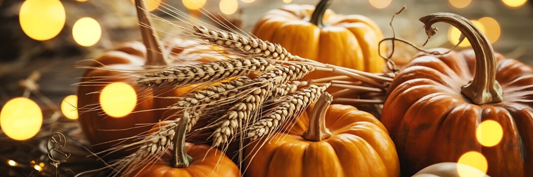 Golden pumpkins and wheat stalks with warm bokeh lights background  fall harvest scene