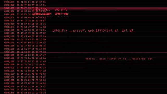 Computer terminal code scrolling with red hex data and digital glitch effects for cyber security interface