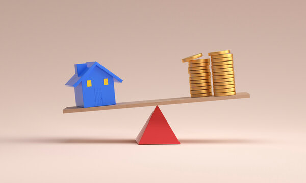 Balance of real estate, house and money stack over pink background