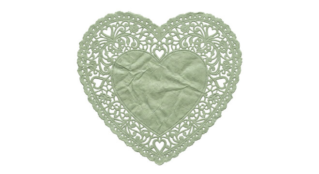 Delicate heart-shaped lace doily with vintage crumpled paper texture