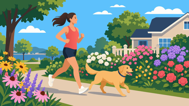 Vibrant scalable flat vector illustration of a smiling young woman jogging with a happy golden retriever dog along a paved path past lush, colorful blooming summer flower gardens in a sunny suburban