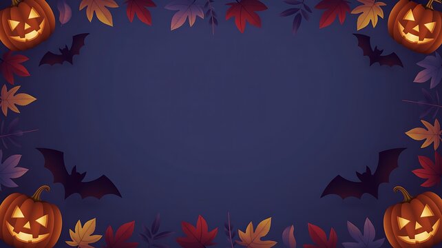 Halloween themed border with pumpkins bats and colorful autumn leaves on dark background