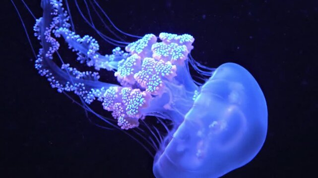 Glowing bioluminescent jellyfish swimming gracefully in deep dark ocean water. Vibrant neon purple and blue tentacles macro close up. Perfect mesmerizing cinematic b-roll for marine documentaries.