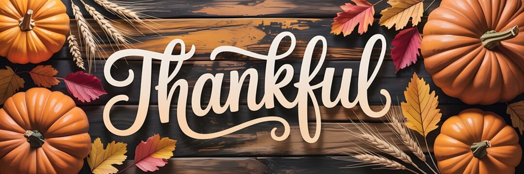 Thankful autumnal scene with pumpkins leaves and wheat on wooden background