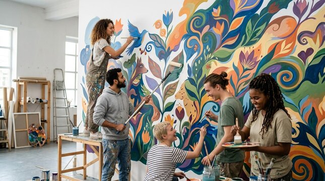 A diverse group of young artists collaborates on a vibrant botanical wall mural in a bright studio, suited for creativity, community, and art workshop promotions.