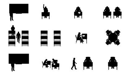 Obraz premium Collection of black top view silhouettes for office workspaces, coworking areas, libraries, and meeting rooms. Includes desks, seated people, bookshelves, collaborative work, reading, and workspace 