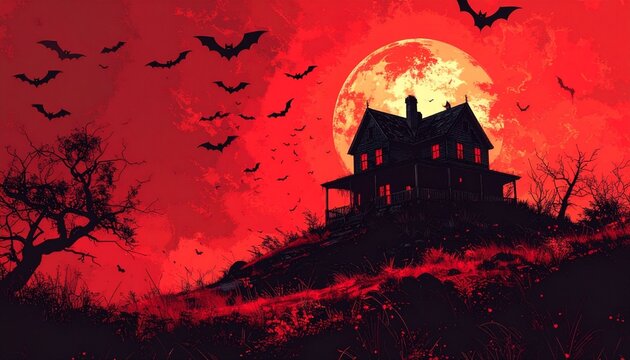 Haunted house on a hill with a flock of bats flying out (landscape view), vivid red background.