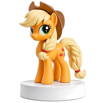 3D rendered stylized character figurine of Applejack from My Little Pony, isolated on white background, cute toy collectible concept