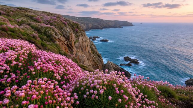 Pink sea thrift flowers blanket rugged coastal cliffs above a turquoise ocean at sunset, ideal for travel promotion, nature calendars, and scenic wall decor.