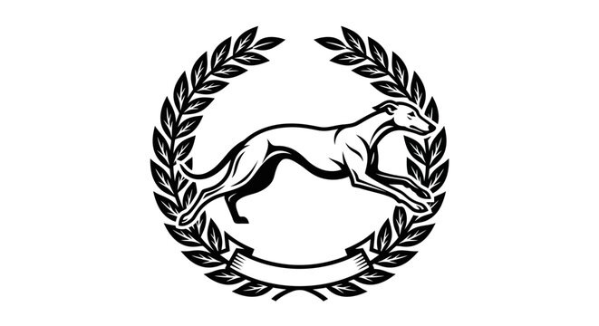 Leaping sighthound inside large decorative laurel wreath frame.