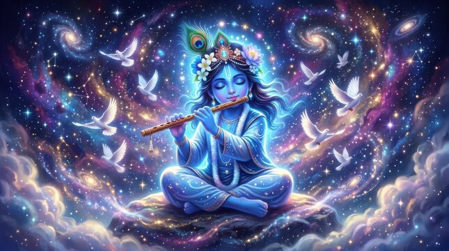 Little Krishna playing flute in deep space with glowing cosmic nebulae