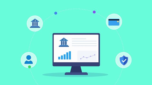 Animated flat vector motion graphic featuring an AI financial dashboard on a desktop monitor with banking, payment card, security, and user icons. Ideal for finance, business analytics, and artificial