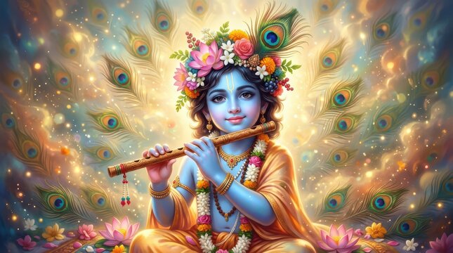 Divine little Krishna playing flute with lotus flowers and peacock fan
