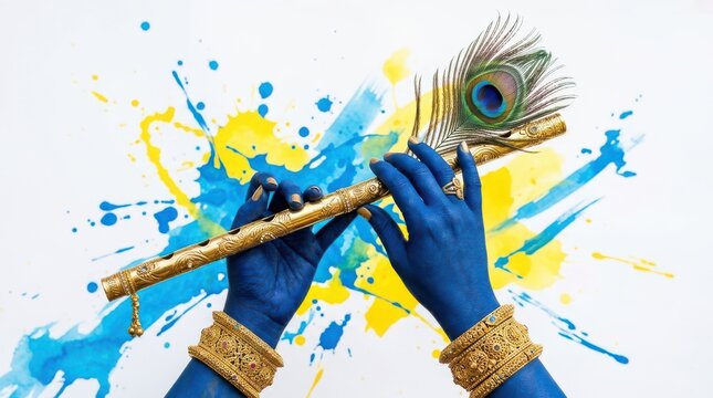 Blue hands of Krishna holding golden flute with peacock feather