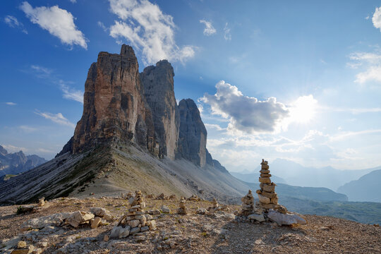 Italy, Sexten Dolomites, Tre Cime di Lavaredo, cairn, Nature Park Tre Cime, Unesco World Heritage Natural Site