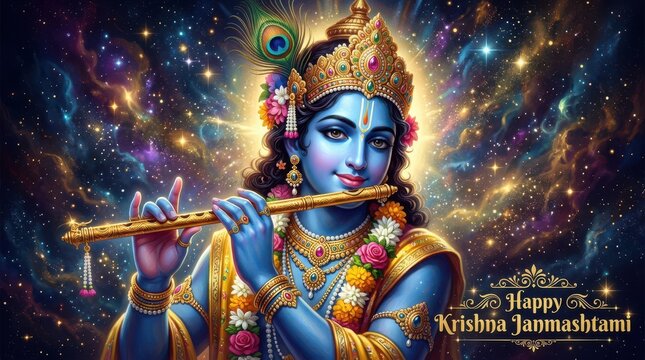 Lord Krishna playing divine flute in cosmic galaxy for Janmashtami