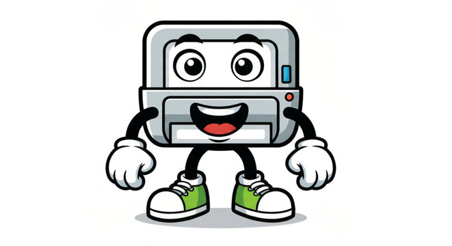 A cheerful, anthropomorphic printer character with large eyes, a friendly smile, arms, legs, and sneakers. The design is simple, flat, and vibrant, perfect for mascots, educational materials, or brand